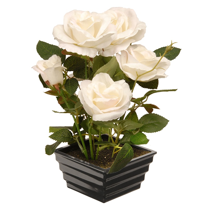 11 in. Spring White Roses Flower Potted Plant in a Black Base