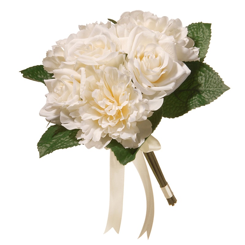 12 in. Spring Floral Bouquet with Cream Rose and Peony Blooms, Ribbon, Seed Pods, Leafy Greens