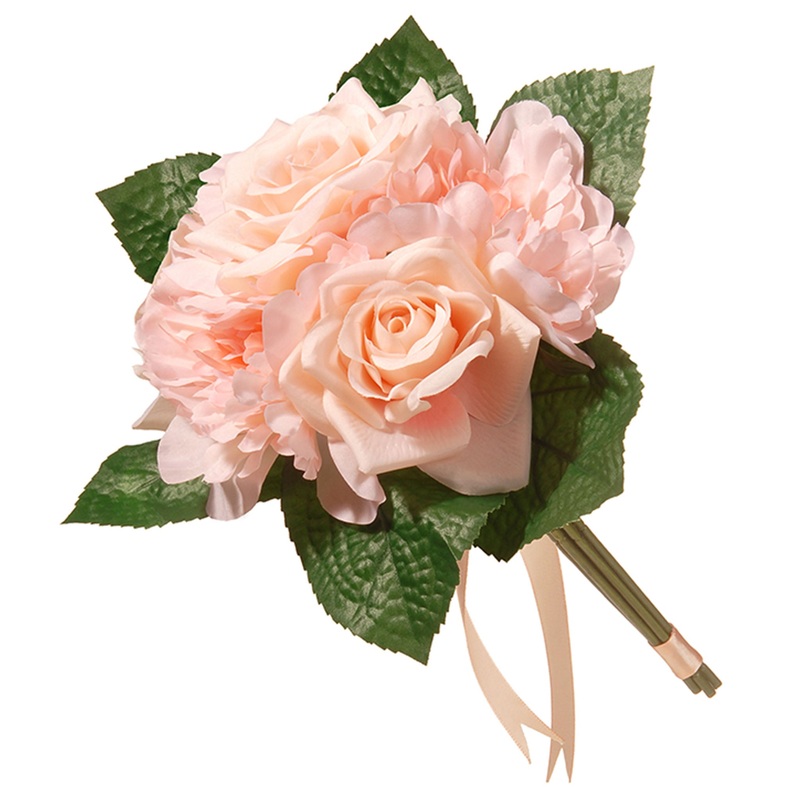 12 in. Spring Floral Bouquet with Pink Rose and Peony Blooms, Ribbon, Seed Pods, Leafy Greens