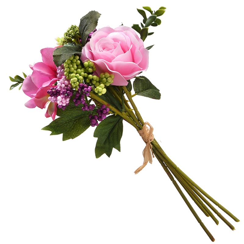 12 in. Spring Floral Bouquet with Pink Rose Blooms, Multicolor Berry Clusters