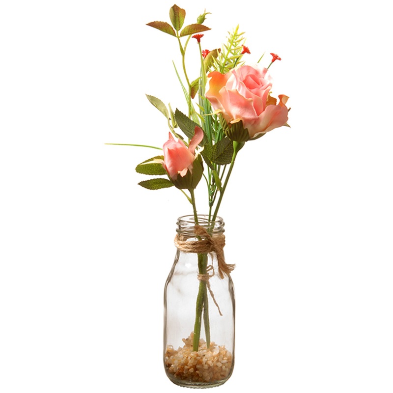 12 in. Spring Pink Roses Flower Bouquet in Glass Vase with Leafy Greens