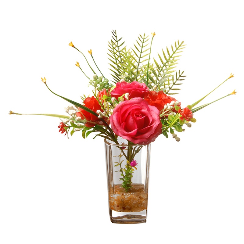 12 in. Spring Red Roses Flower Bouquet in Glass Vase with Leafy Greens