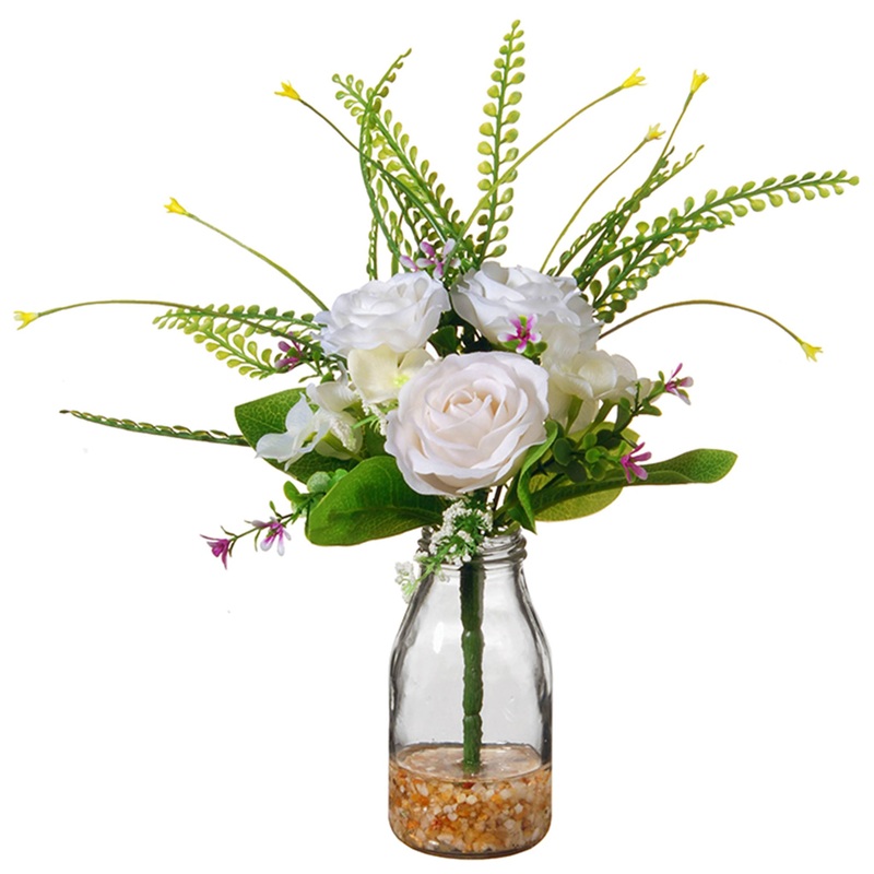 12 in. Spring White Roses Flower Bouquet in Glass Vase with Leafy Greens