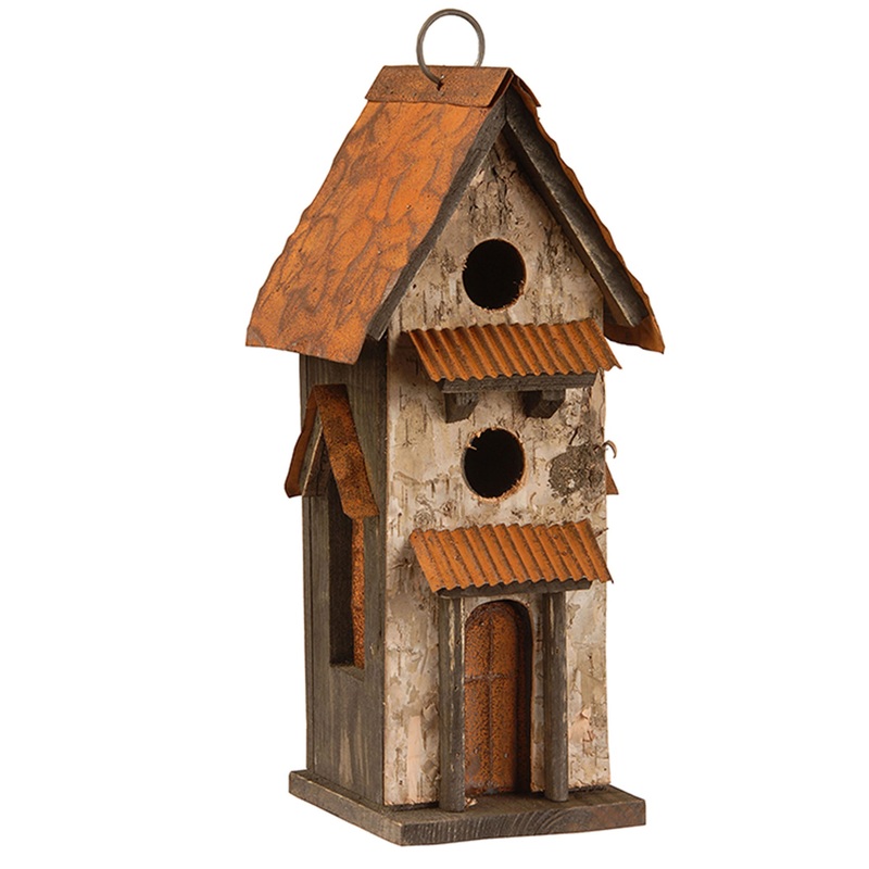 13 in. Spring Bird House Hanging Decoration with Distressed Metal Roof, Metal Window Awnings