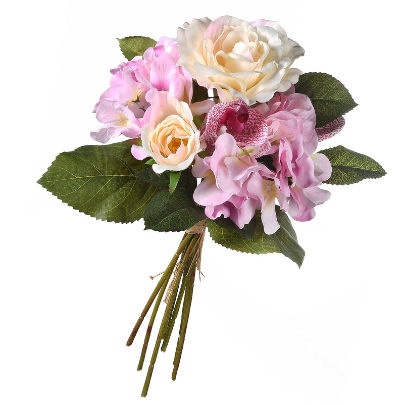 13 in. Spring Floral Bouque with Purple Roses and White Orchid Blooms, Leafy Greens