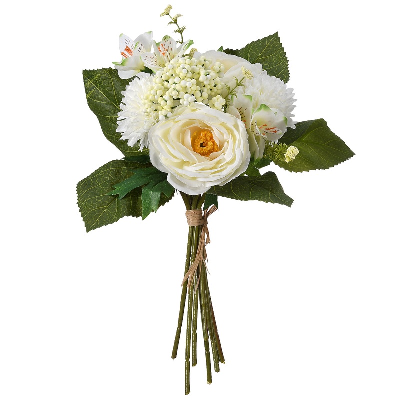13 in. Spring Floral Bouquet with White Peonies and Rose Blooms, Berry Clusters, Leafy Greens