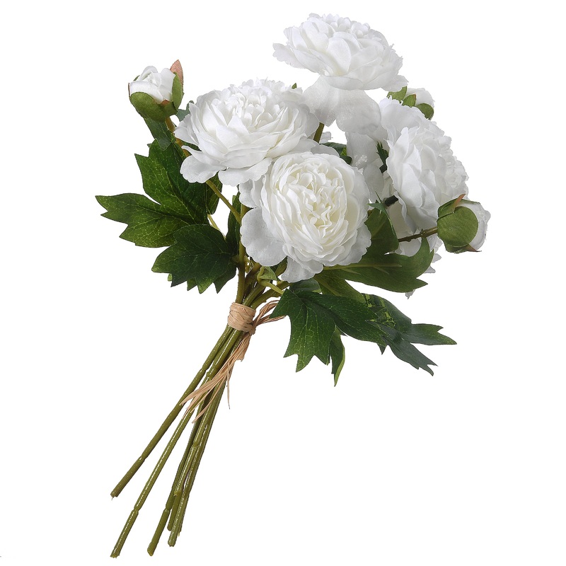13 in. Spring Floral Bouquet with White Peony Blooms, Leafy Greens