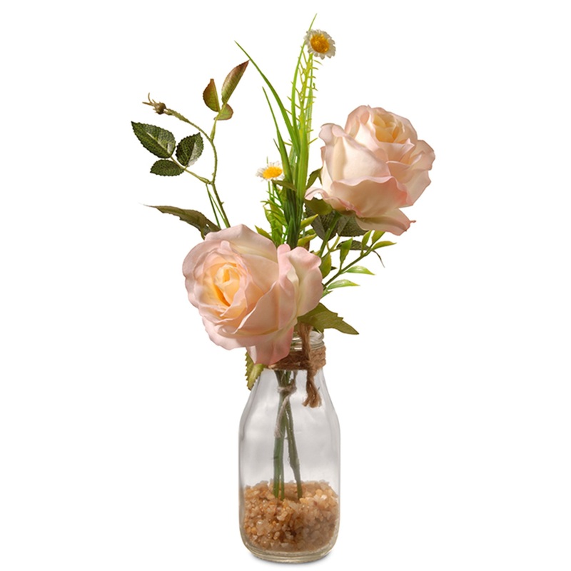13 in. Spring Peach Roses Flower Bouquet in Glass Vase with Leafy Greens