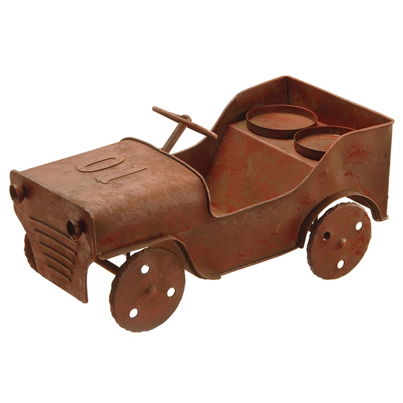 14 in. Metal Car Lawn Ornament and Candleholder