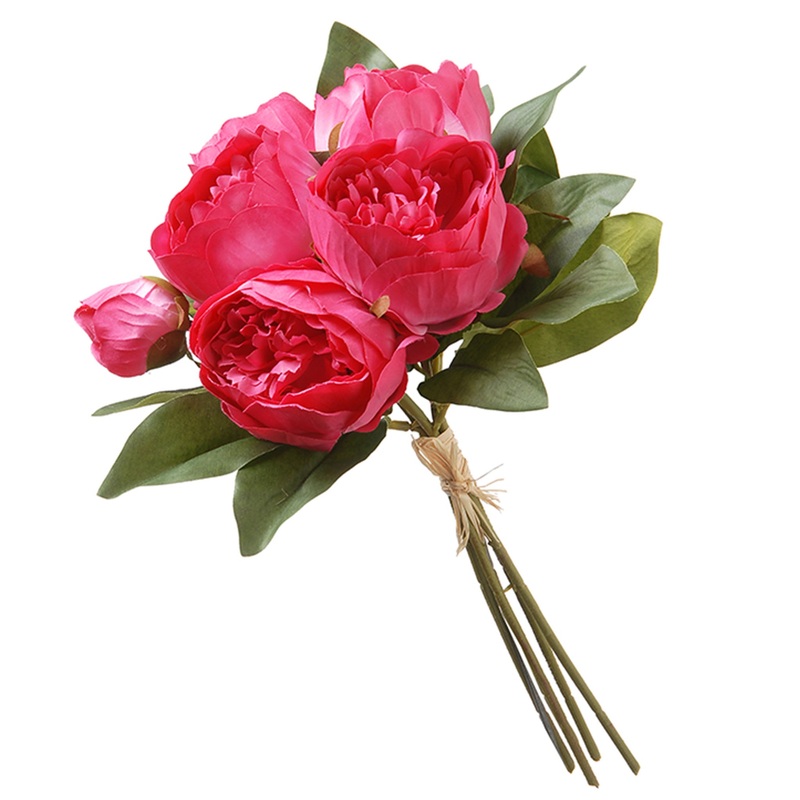 14 in. Spring Floral Bouquet with Bright Pink Peony Blooms, Leafy Greens
