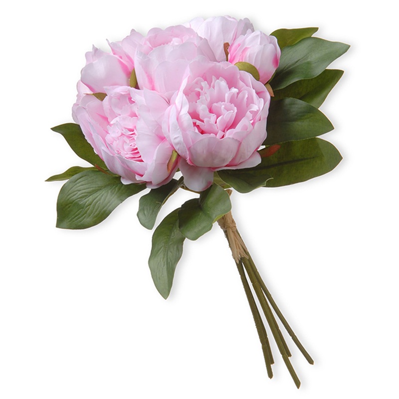 14 in. Spring Floral Bouquet with Light Pink Peony Blooms, Leafy Greens