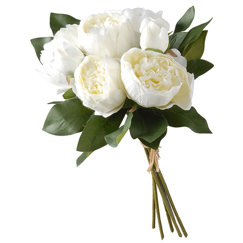 14 in. Spring Floral Bouquet with White Peony Blooms, Leafy Greens