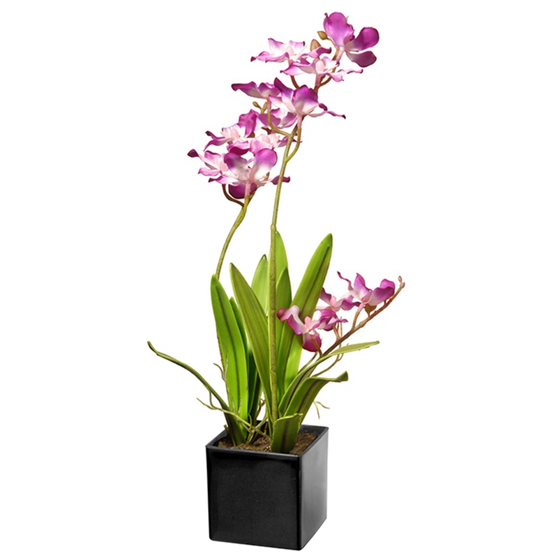 16 in. Spring Purple Orchids Flowers Potted in a Black Base