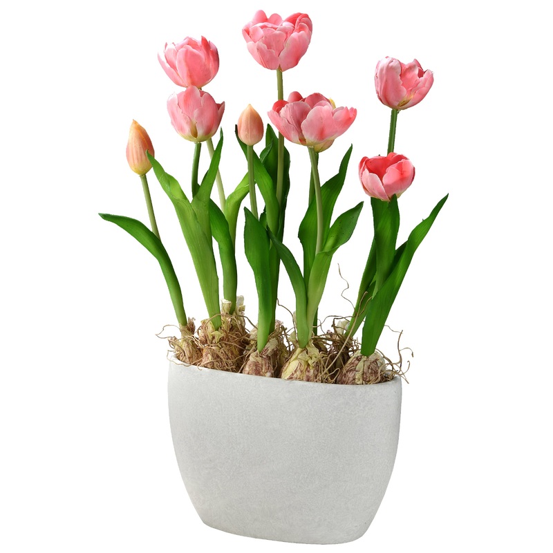 18 in. Spring  Pink Tulips Potted Plant with Vibrant Green Stems in a Stylish Ceramic Pot