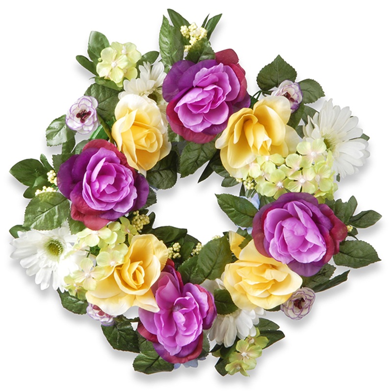 18 in. Spring Wreath with Colorful Daisies, Hydrangeas, Roses, Leafy Greens