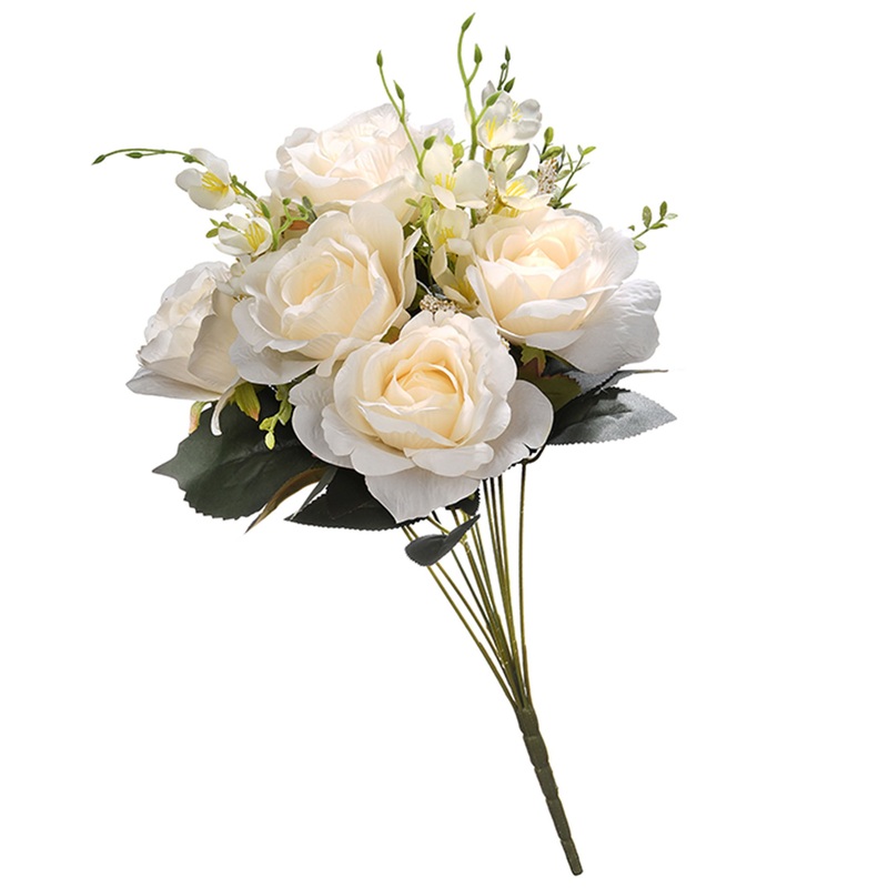 19 in. Spring Floral Bouquet with Cream Rose Blooms, Seed Pods, Leafy Greens