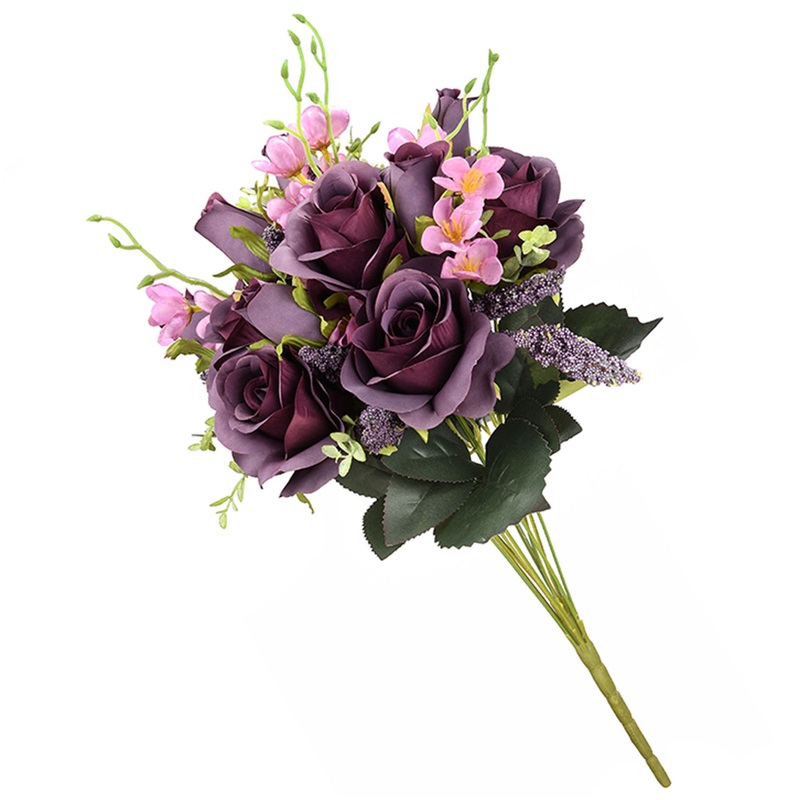 19 in. Spring Floral Bouquet with Deep Purple Rose Blooms, Pink Flowers, Seed Pods, Leafy Greens