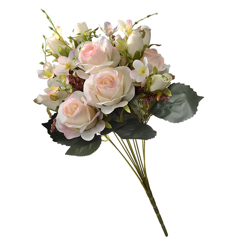 19 in. Spring Floral Bouquet with Light Pink Rose Blooms, Seed Pods, Leafy Greens