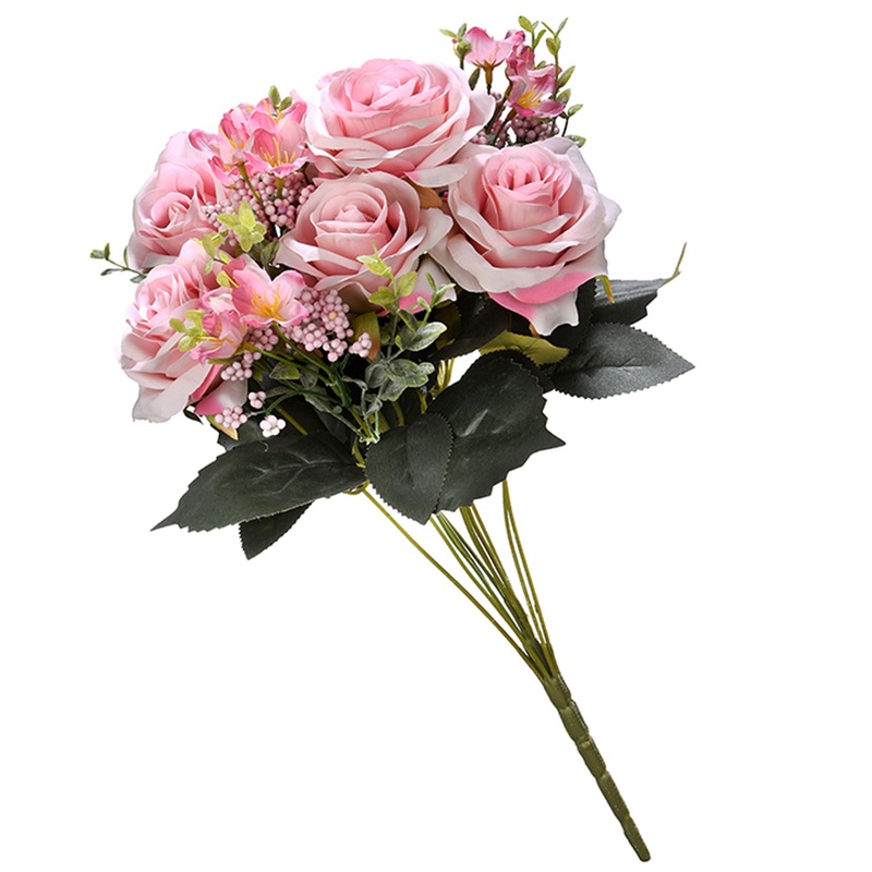 19 in. Spring Floral Bouquet  with Pink Rose Blooms, Pink Berry Clusters, Seed Pods, Leafy Greens
