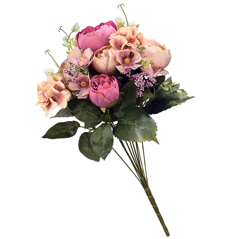 19 in. Spring Floral Bouquet with Pink Rose Blooms, Purple Berry Clusters, Seed Pods, Leafy Greens