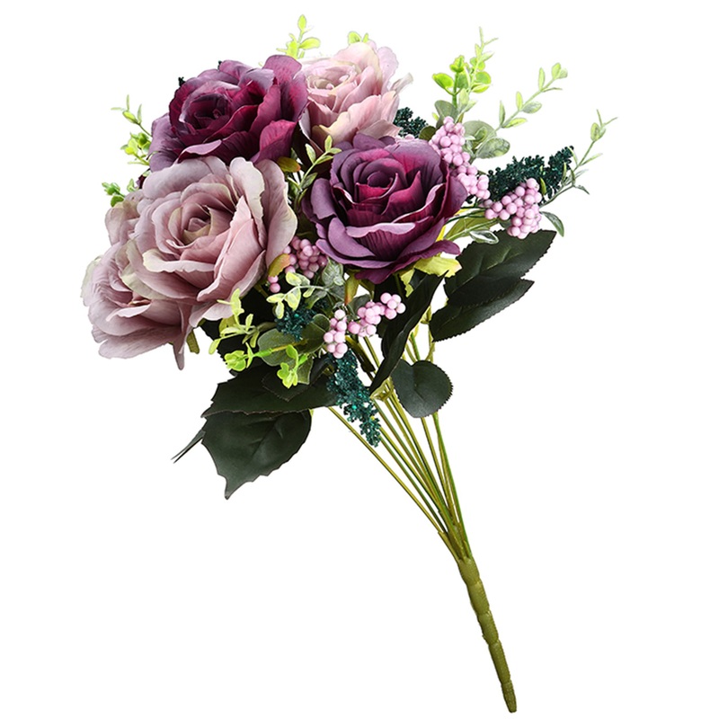 19 in. Spring Floral Bouquet with Purple and Pink Rose Blooms, Berry Clusters, Seed Pods, Leafy Greens