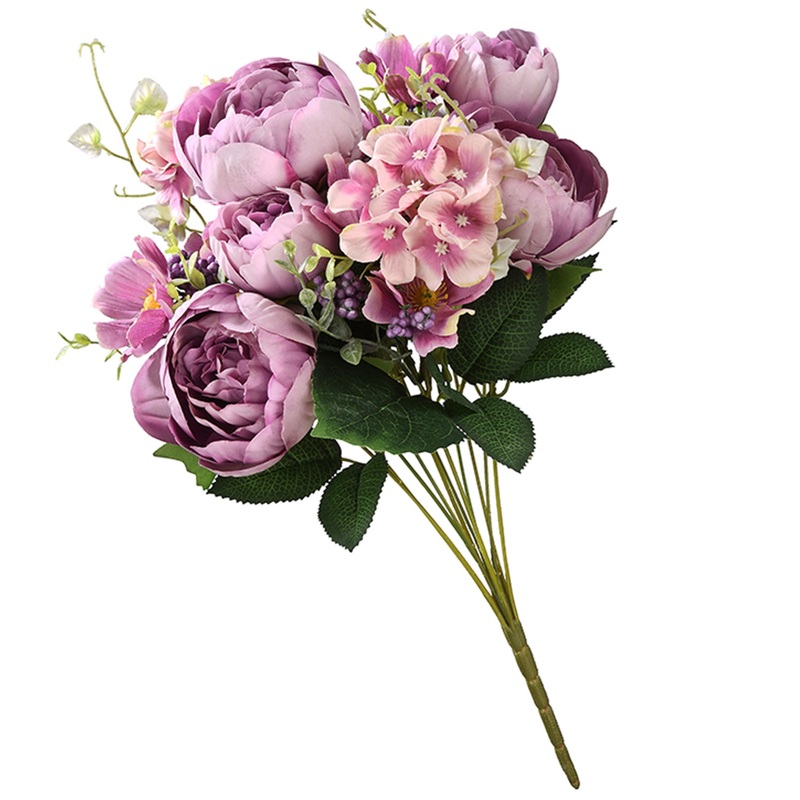 19 in. Spring Floral Bouquet with Purple Rose Blooms, Purple Berry Clusters, Seed Pods, Leafy Greens