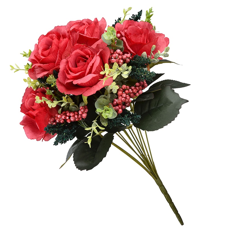 19 in. Spring Floral Bouquet with Red Rose Blooms, Berry Clusters, Seed Pods, Leafy Greens