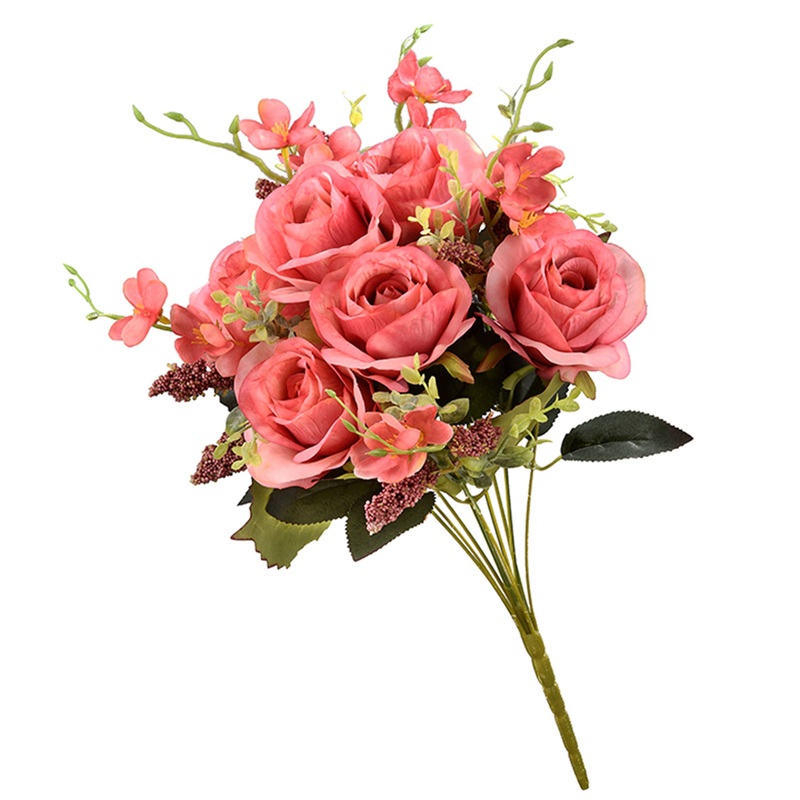 19 in. Spring Floral Bouquet with Vibrant Pink Rose Blooms, Seed Pods, Leafy Greens