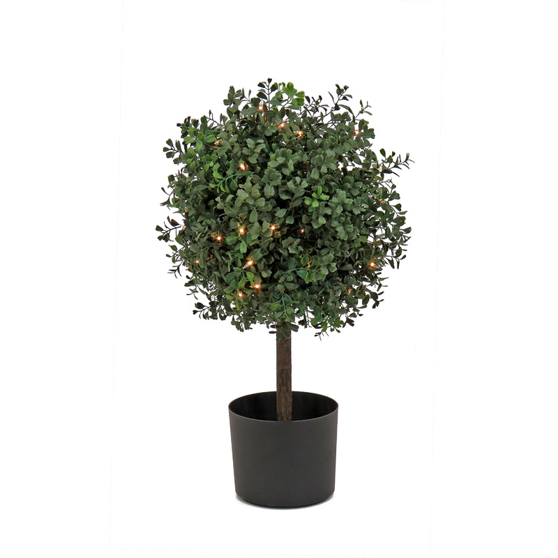 2 ft. Pre-Lit Boxwood Single Ball Topiary in Black Nursery Pot with Clear Lights