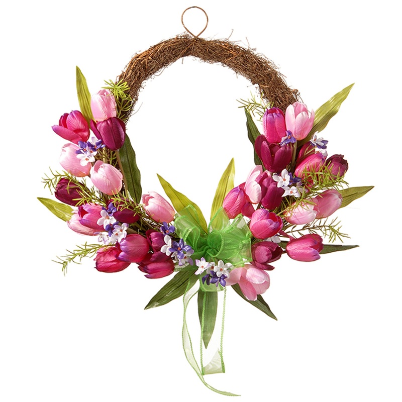 20 in. Spring Wreath with Pink and Purple Tulip Blooms, Green Ribbon, Leafy Greens
