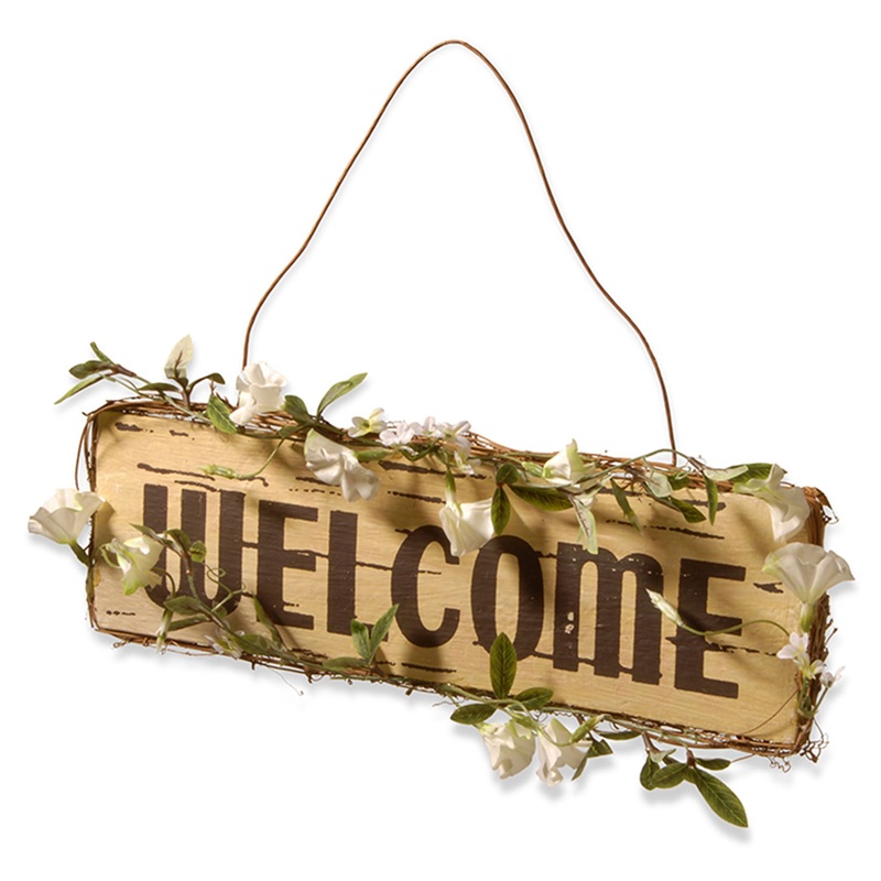 21 in. Spring Hanging Welcome Sign, Lightweight Wooden Construction with Leafy Vine Trim