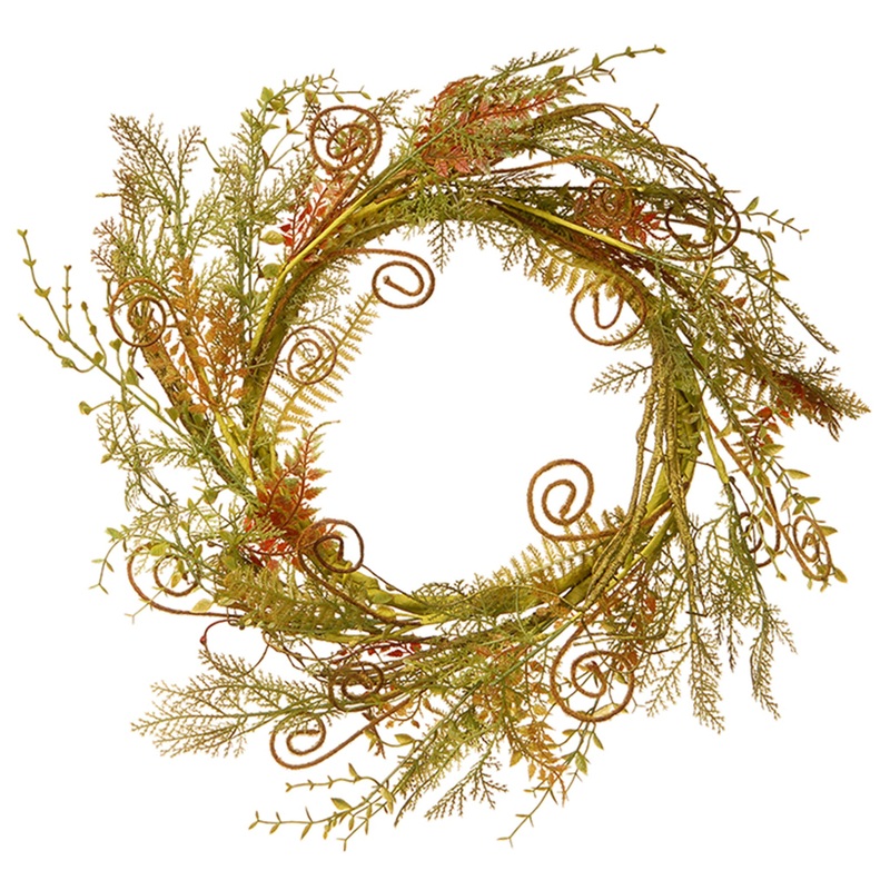 22 in. Spring Wreath with Fern Fronds, Curled Branch Sprigs, Flowing Green Stems?