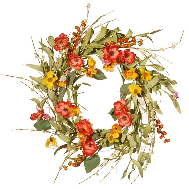 22 in. Spring Wreath with Flower Blooms, Leafy Greens, Berry Clusters