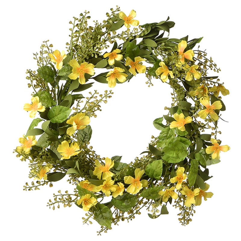 22 in. Spring Wreath with Yellow Cosmos Flower Blooms, Flowing Green Stems