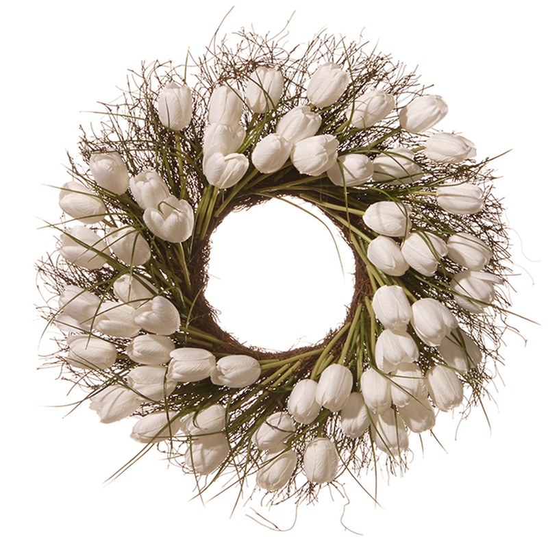 24 in. Spring Wreath with White Tulip Blooms, Flowing Green Stems