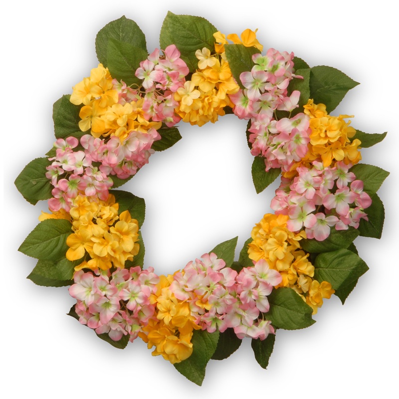 24 in. Spring Yellow and Pink Hydrangea Wreath