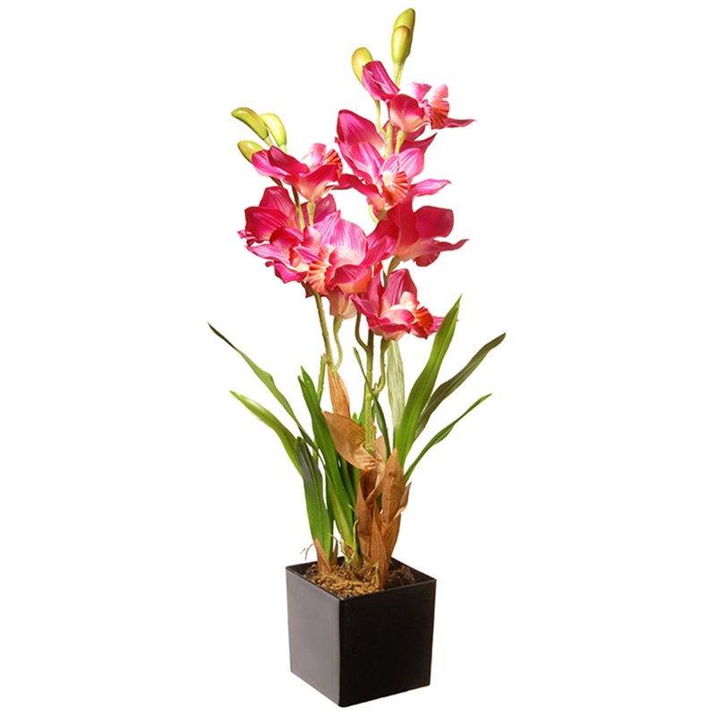 25 in. Spring Pink Orchids Flowers Potted in a Black Base