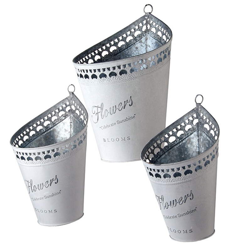 3-Piece Garden Flower Planters, White Tin 'Flower' Pots