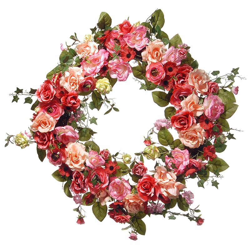 32 in. Spring Wreath with Pink and Peach Rose Blooms, Red Dahlias, Flowing Green Stems