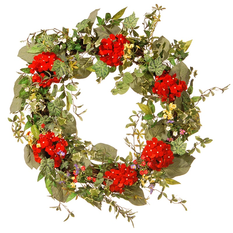 32 in. Spring Wreath with Red Flower Blooms, Flowing Green Stems