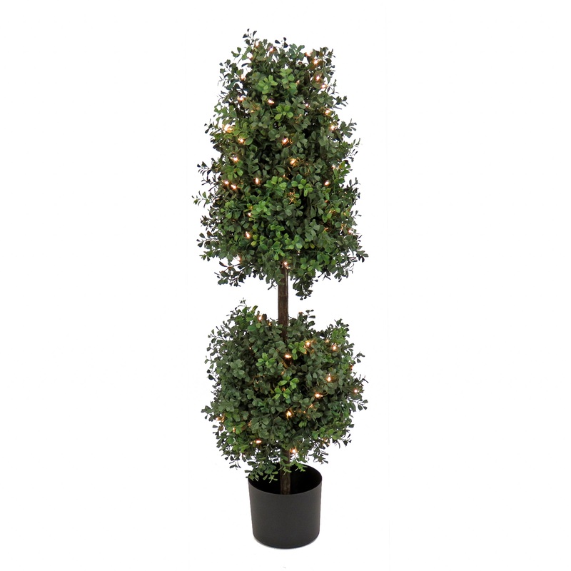 4 ft. Pre-Lit Boxwood Cone and Ball Topiary in Black Nursery Pot with Clear Lights
