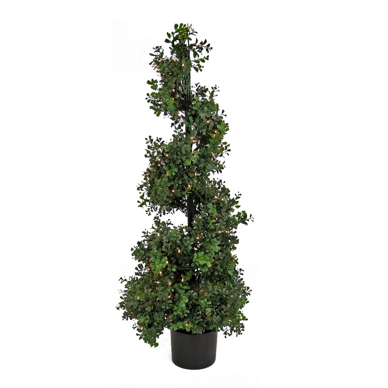 4 ft. Pre-Lit Boxwood Spiral Topiary in Black Nursery Pot with Clear Lights