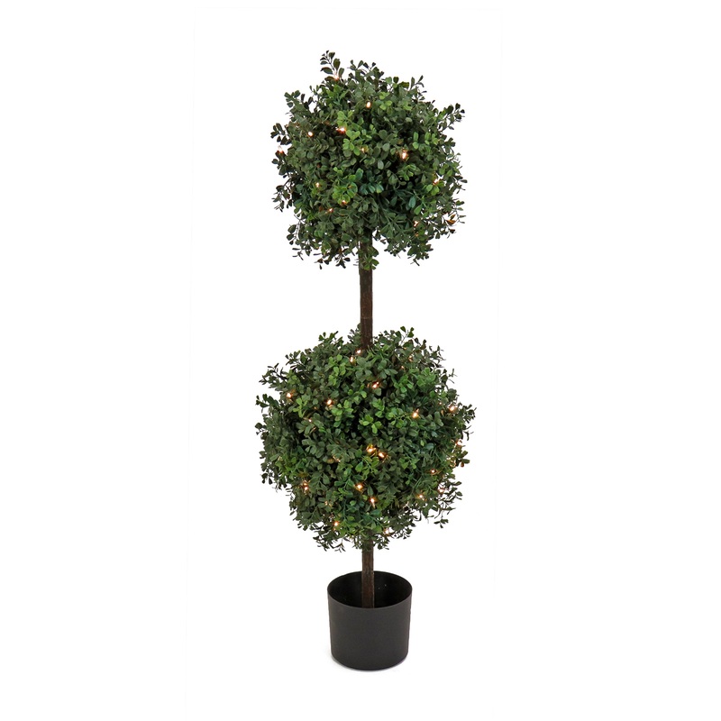 46 in. Pre-Lit Boxwood Double Ball Topiary in Black Nursery Pot with Clear Lights