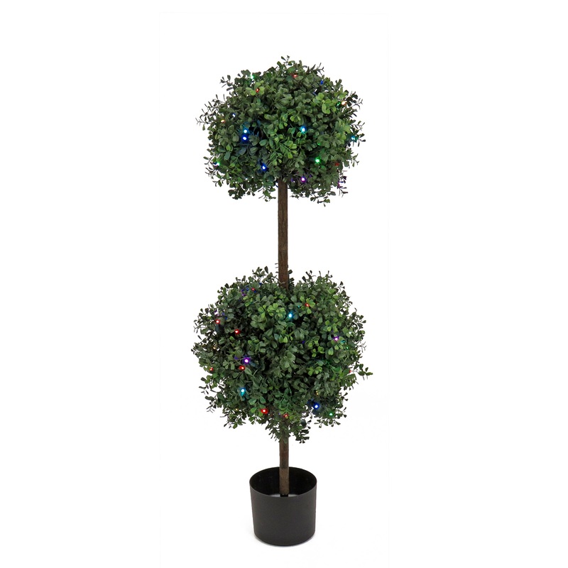 46 in. Pre-Lit Boxwood Double Ball Topiary with Multi-Function LED Lights