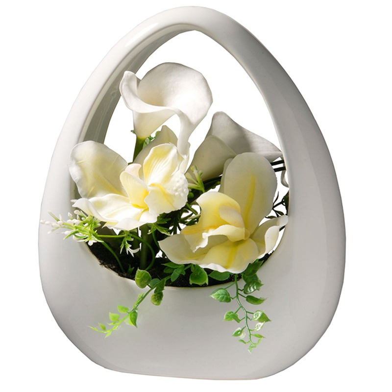 9 in. Spring White Lilies and Orchids Flower Pot
