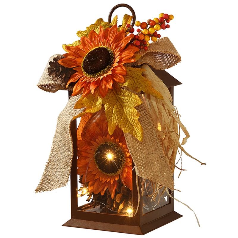 12 in. Fall Lantern with LED Lights, Filled with Sunflower Blooms, Leaves, Pinecones, Berry Clusters