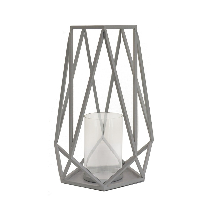 12 in. Glacier Gray Candle Lantern with Glass Chimney