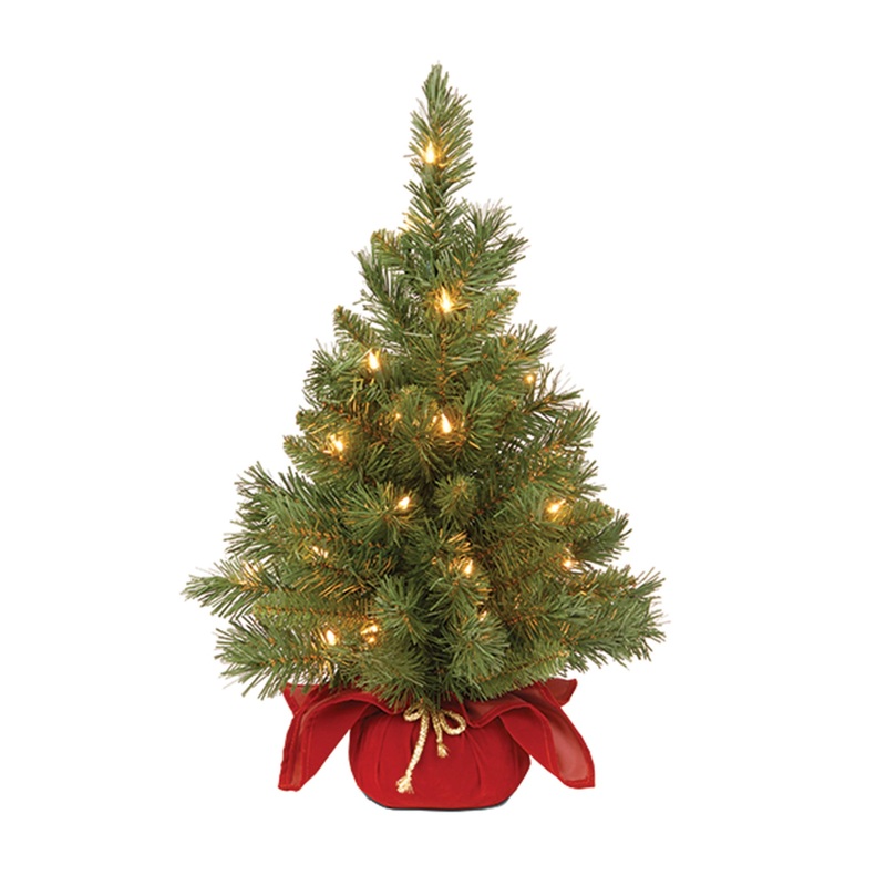 2 ft. Pre-Lit Majestic Fir Tree with Clear Lights, Burgandy Base, Plug-In