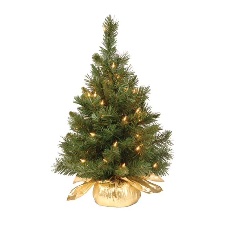2 ft. Pre-Lit Majestic Fir Tree with Clear Lights, Gold Base, Plug-In