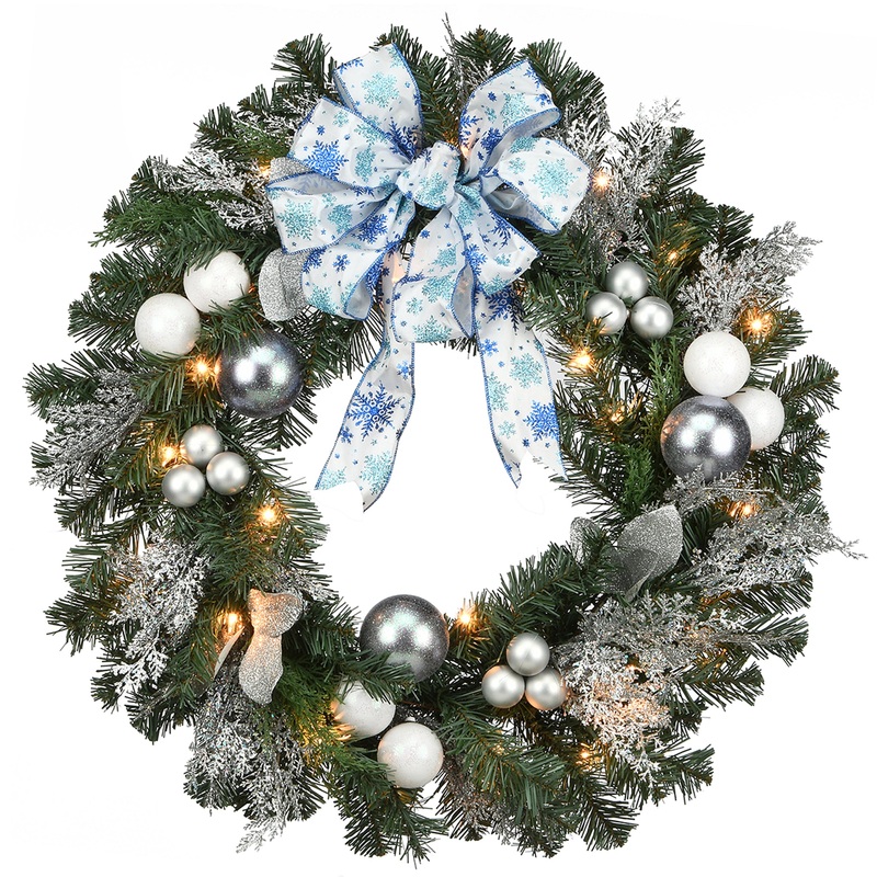 32 in. Pre-Lit Decorative Collection Ornament Wreath with Clear Lights